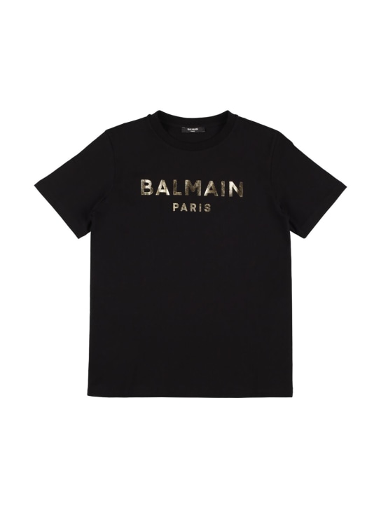 Balmain: T-shirt en jersey de coton à logo - Noir/Or - kids-boys_0 | Luisa Via Roma