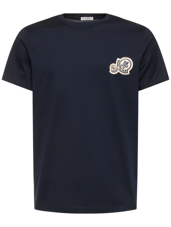 Moncler: T-shirt en coton avec patch logo doublé - Bleu Foncé - men_0 | Luisa Via Roma
