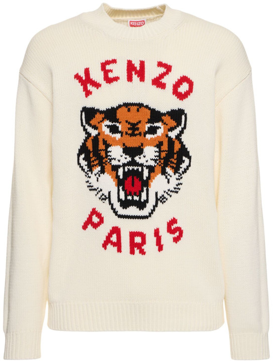Kenzo Paris: Tiger cotton blend knit sweater - Beyaz - men_0 | Luisa Via Roma