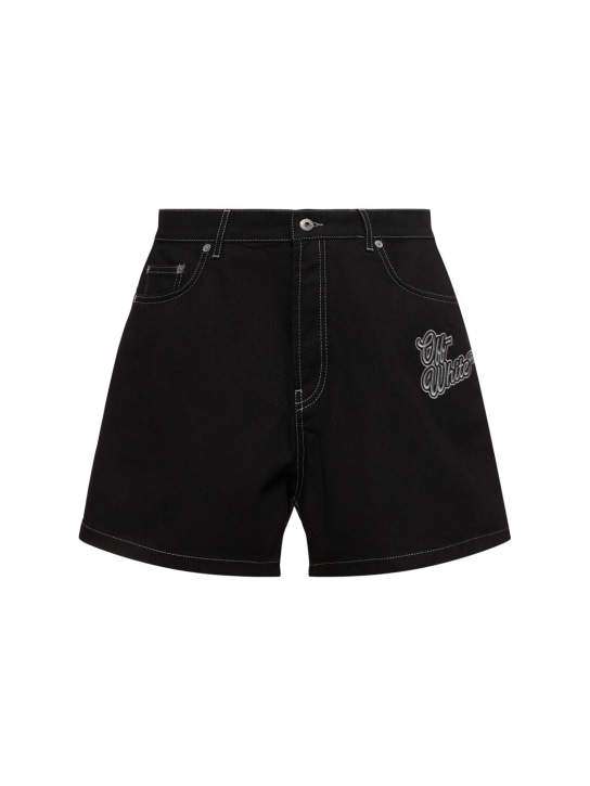 Off-White: Shorts in denim di cotone con logo 90s - Raw Black - men_0 | Luisa Via Roma