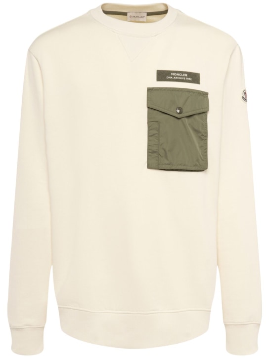 Moncler: Cotton blend sweatshirt w/ pocket - アーモンドミルク - men_0 | Luisa Via Roma