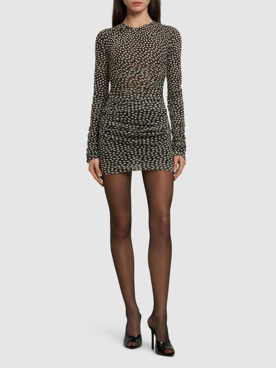 Saint Laurent: Printed draped tech mini dress - Noir Craie - women_1 | Luisa Via Roma