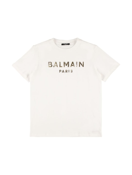 Balmain: Camiseta de jersey de algodón con logo - Blanco/Oro - kids-boys_0 | Luisa Via Roma