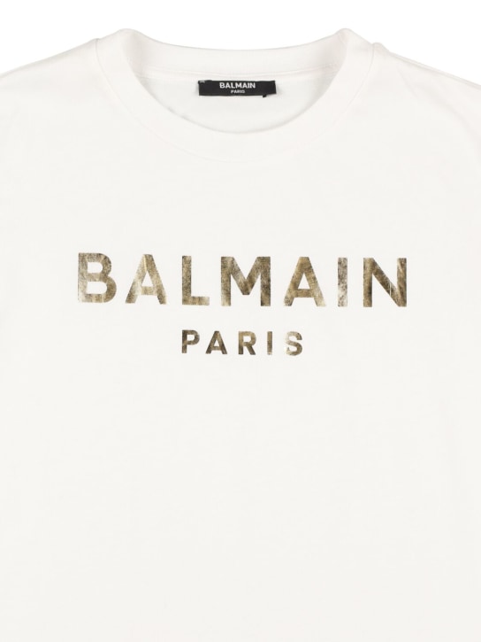 Balmain: Camiseta de jersey de algodón con logo - Blanco/Oro - kids-boys_1 | Luisa Via Roma