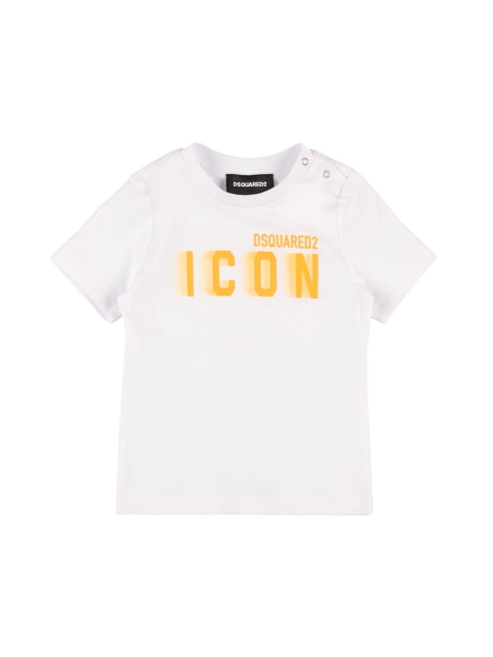 Dsquared2: T-shirt en jersey de coton imprimé logo - Blanc/Orange - kids-boys_0 | Luisa Via Roma