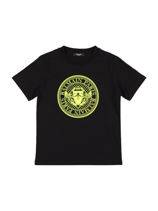 Balmain: T-shirt in jersey di cotone stampato - Nero/Giallo - kids-boys_0 | Luisa Via Roma