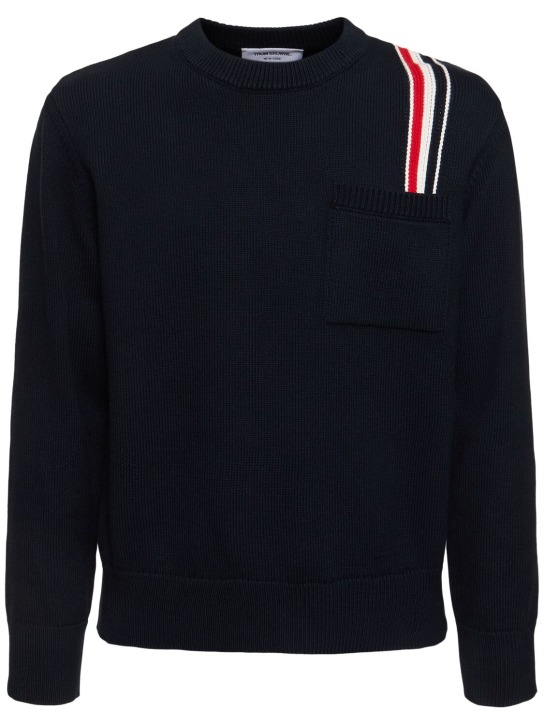 Thom Browne: Suéter de algodón con cuello redondo - Azul Marino - men_0 | Luisa Via Roma