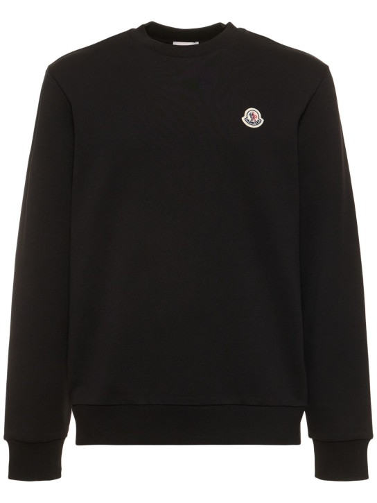 Moncler: Sweat-shirt en coton avec patch logo - Noir - men_0 | Luisa Via Roma