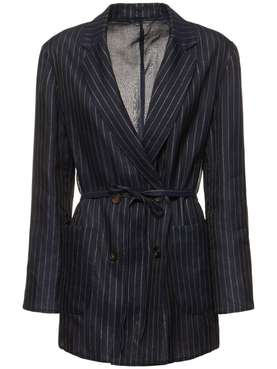 Brunello Cucinelli: Pinstripe cotton blend jacket - Blue/Silver - women_0 | Luisa Via Roma