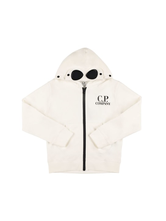 C.P. Company: Sweat-shirt zippé en coton imprimé logo - Blanc - kids-boys_0 | Luisa Via Roma