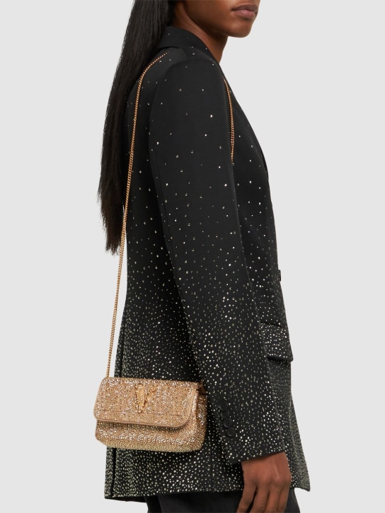 Versace: Mini crystal shoulder bag w/logo - Camel - women_1 | Luisa Via Roma