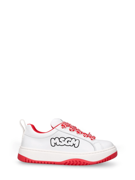 MSGM: Sneakers à lacets en cuir imprimé logo - Blanc/Rouge - kids-boys_0 | Luisa Via Roma