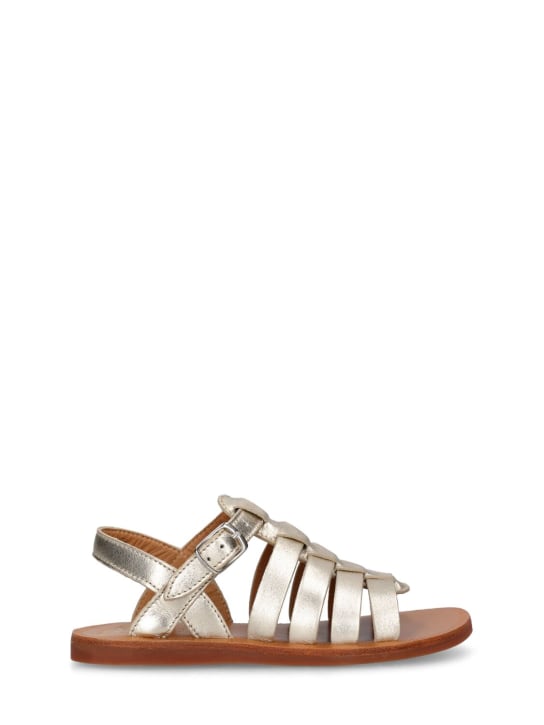 Pom D'api: Metallic leather strap sandals - Platinum - kids-girls_0 | Luisa Via Roma