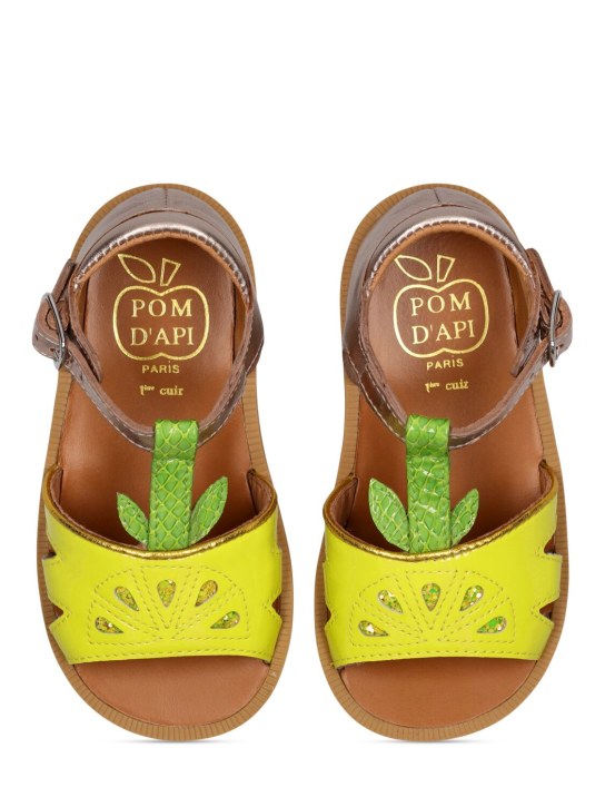 Pom D'api: Patent leather sandals w/ flower - Yellow - kids-girls_1 | Luisa Via Roma