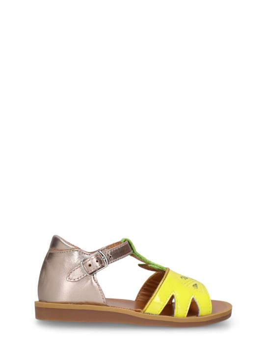 Pom D'api: Patent leather sandals w/ flower - Yellow - kids-girls_0 | Luisa Via Roma