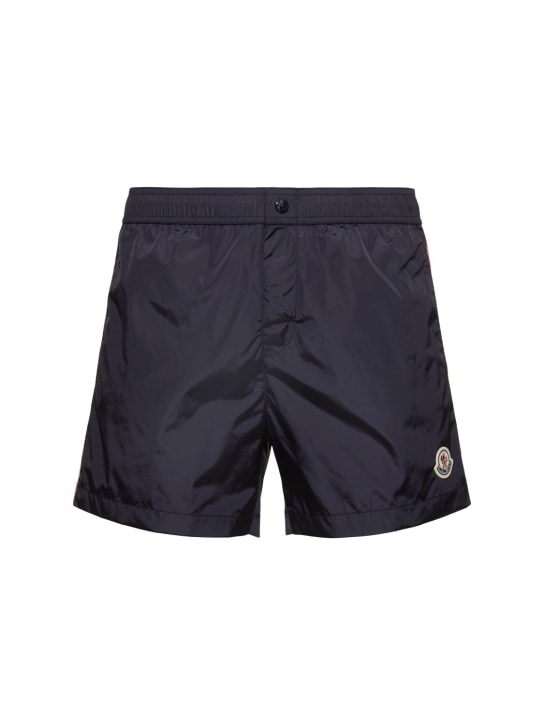 Moncler: Shorts mare in nylon con logo - Blu Notte - men_0 | Luisa Via Roma