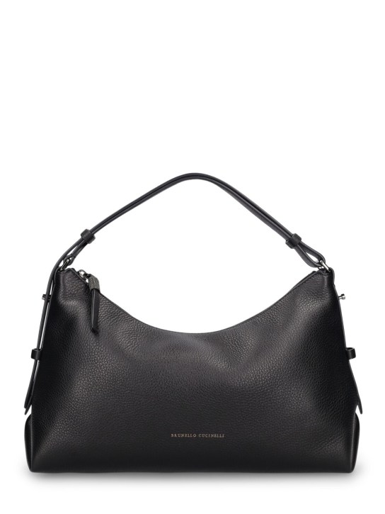 Brunello Cucinelli: Large grained leather shoulder bag - Siyah - women_0 | Luisa Via Roma