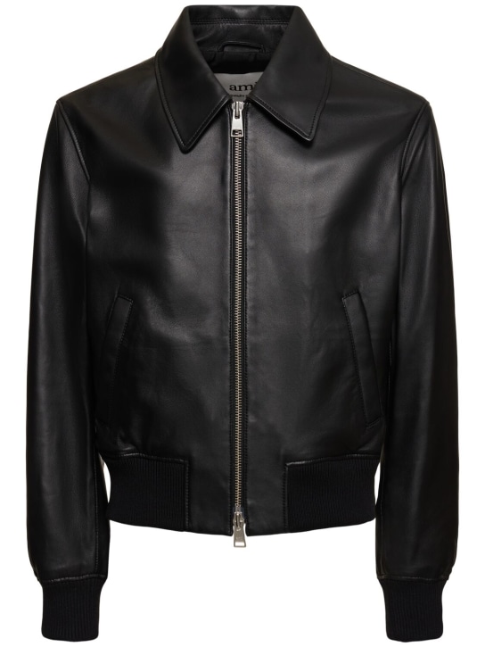 AMI Paris: Leather zip jacket - Siyah - men_0 | Luisa Via Roma