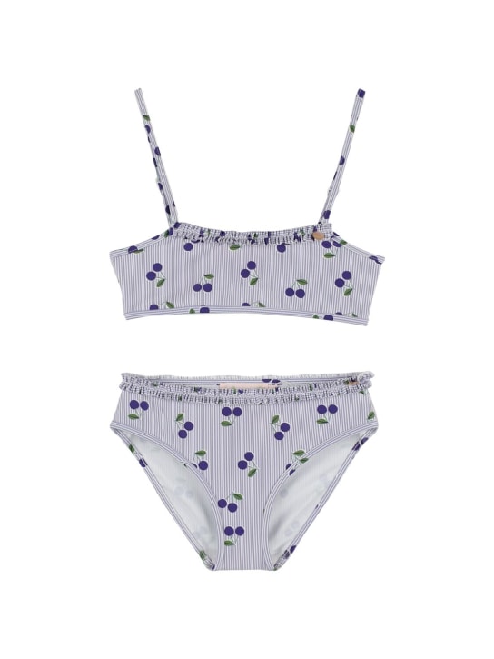 Bonpoint: Cherry print tech bikini set - White/Blue - kids-girls_0 | Luisa Via Roma