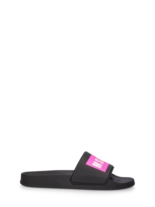 MSGM: Logo print rubber slide sandals - Siyah/Fuşya - kids-girls_0 | Luisa Via Roma