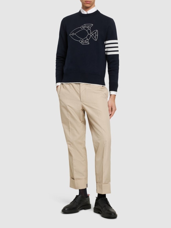 Thom Browne: Cotton blend jacquard crewneck sweater - Lacivert - men_1 | Luisa Via Roma