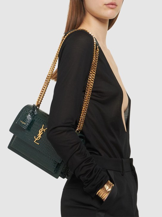 Saint Laurent: Medium Sunset croc embossed leather bag - Dark Mint - women_1 | Luisa Via Roma