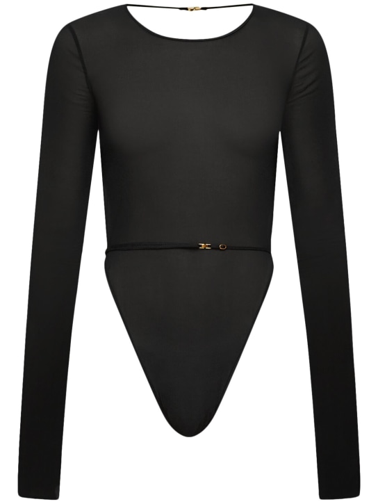Saint Laurent: Stretch silk bodysuit - Siyah - women_0 | Luisa Via Roma