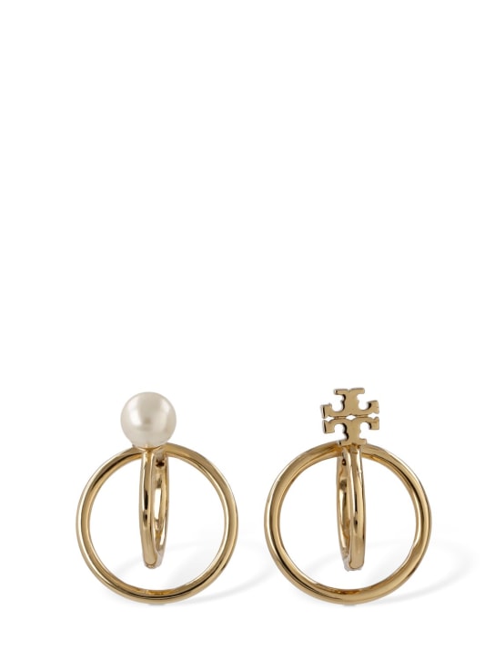 Tory Burch: Kira faux pearl double hoop earrings - Gold/Cream - women_0 | Luisa Via Roma