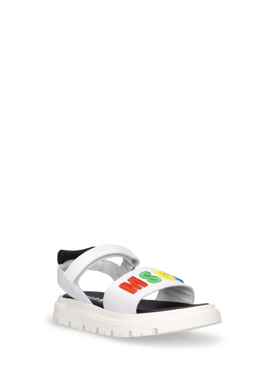 MSGM: Logo print leather strap sandals - kids-boys_2 | Luisa Via Roma