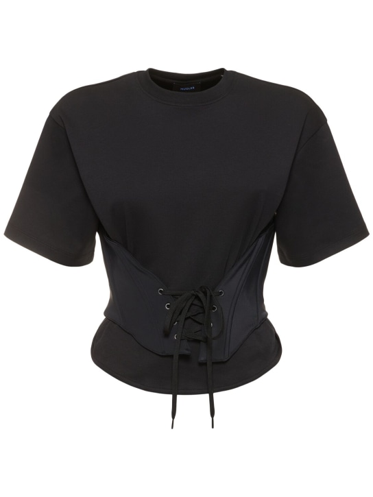 MUGLER: T-shirt corset en jersey de coton - Noir - women_0 | Luisa Via Roma