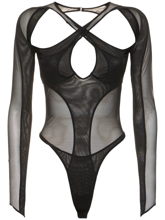 MUGLER: Stretch tulle cross collar bodysuit - Siyah - women_0 | Luisa Via Roma