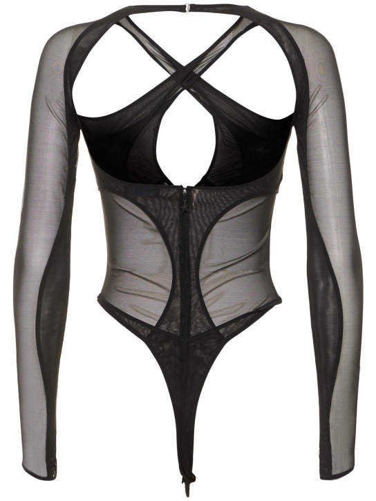 MUGLER: Stretch tulle cross collar bodysuit - women_4 | Luisa Via Roma