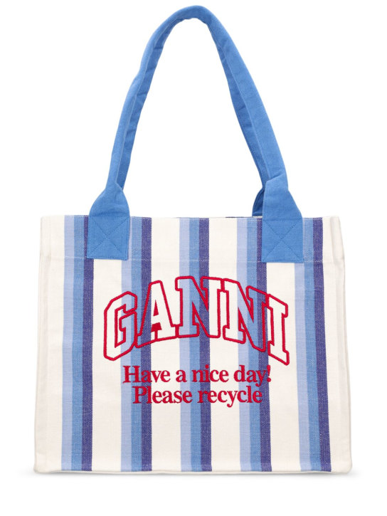 GANNI: Large Easy striped cotton tote bag - Dark Blue - women_0 | Luisa Via Roma