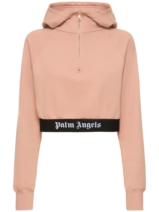 Palm Angels: Logo tape zipped cotton hoodie - Pink - women_0 | Luisa Via Roma