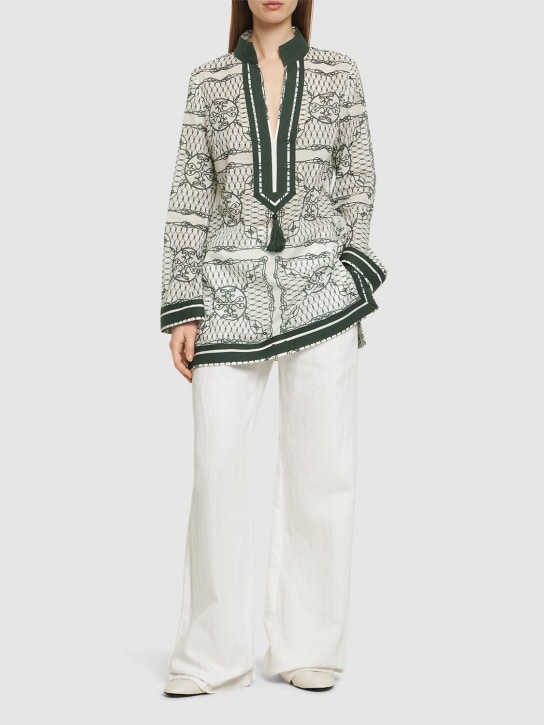Tory Burch: Blusa túnica de algodón - Marfil/Verde - women_1 | Luisa Via Roma