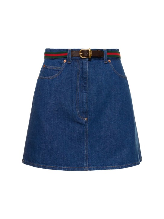 Gucci: Minifalda plisada de denim con cinturón - Azul - women_0 | Luisa Via Roma