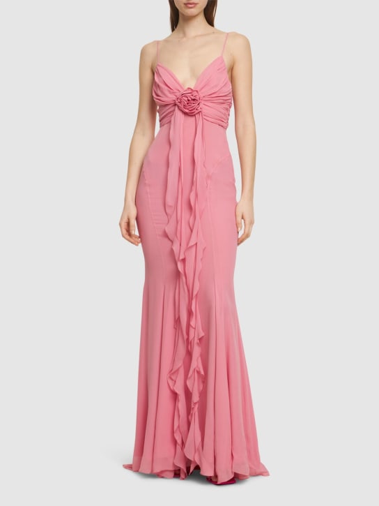Blumarine: Ruffled silk long dress w/rose - Pink - women_1 | Luisa Via Roma