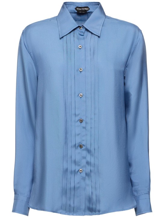 Tom Ford: Camisa de satén con frente plisado - Azul Claro - women_0 | Luisa Via Roma