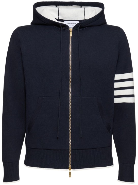 Thom Browne: Cotton blend jacquard zip-up hoodie - Lacivert - men_0 | Luisa Via Roma