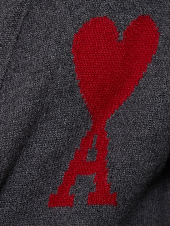 AMI Paris: Logo wool knit cardigan - Heather Grey - men_3 | Luisa Via Roma