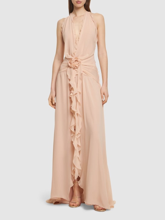 Blumarine: Ruffled silk long halter dress w/rose - women_1 | Luisa Via Roma