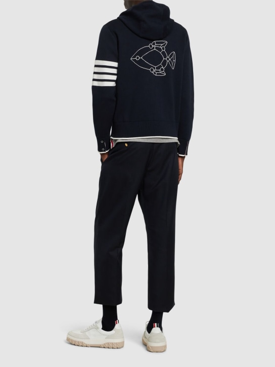 Thom Browne: Cotton blend jacquard zip-up hoodie - Navy - men_1 | Luisa Via Roma