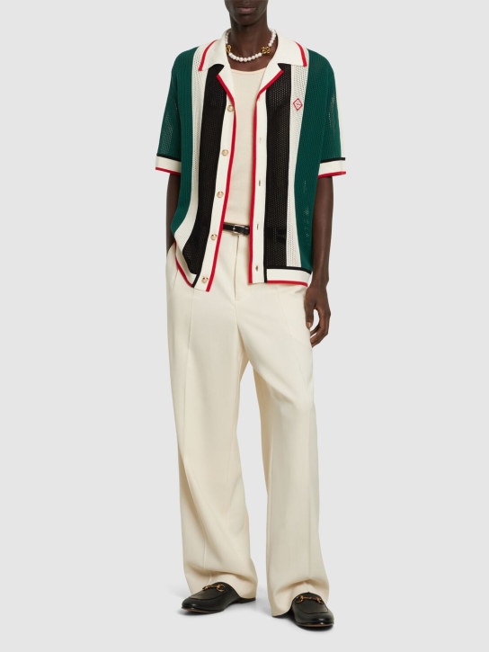 Casablanca: Striped cotton crochet s/s shirt - Green/White - men_1 | Luisa Via Roma