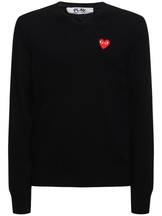 Comme des Garçons Play: Play logo knit wool V-neck sweater - Black - men_0 | Luisa Via Roma