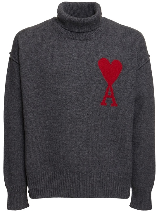 AMI Paris: Logo wool turtleneck sweater - Heather Grey - men_0 | Luisa Via Roma