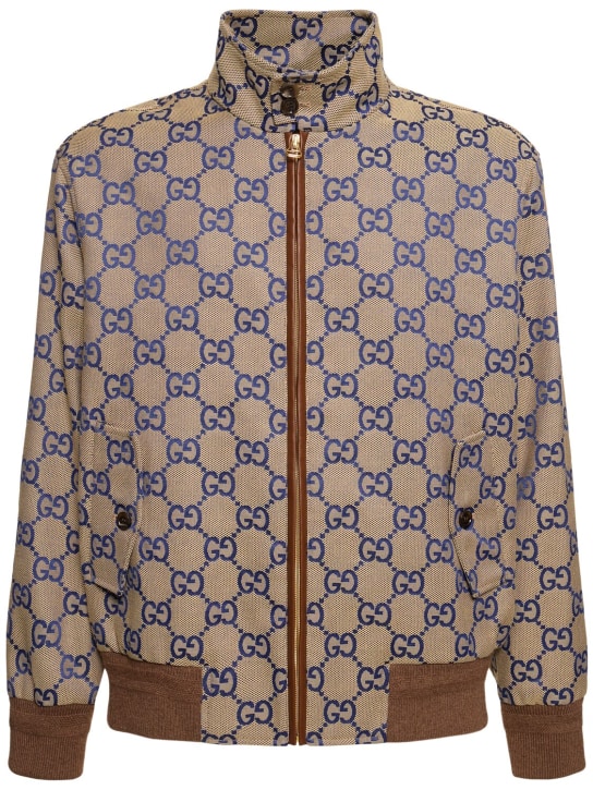 Gucci: 가죽 매크로 GG 캔버스 재킷 - 베이지/블루 - men_0 | Luisa Via Roma