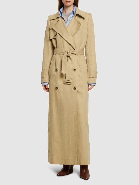 Dries Van Noten: Trench-coat long en gabardine de lin mélangé - Camel - women_1 | Luisa Via Roma