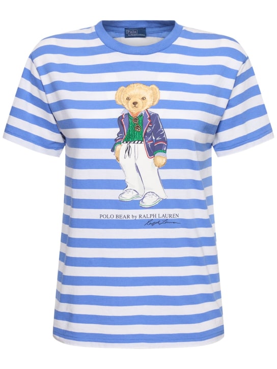 Polo Ralph Lauren: Riviera bear striped cotton t-shirt - Beyaz/Mavi - women_0 | Luisa Via Roma