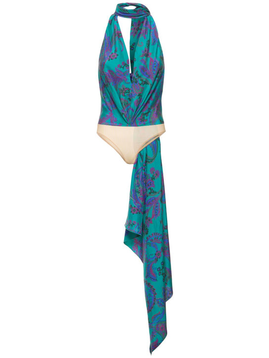 Ralph Lauren Collection: Body stampato in raso con sciarpa - Multi Blu - women_0 | Luisa Via Roma