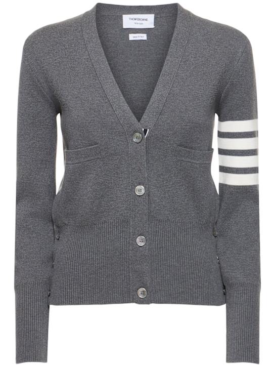 Thom Browne: Classic Milano 4 -bar cotton cardigan - Grey/White - women_0 | Luisa Via Roma